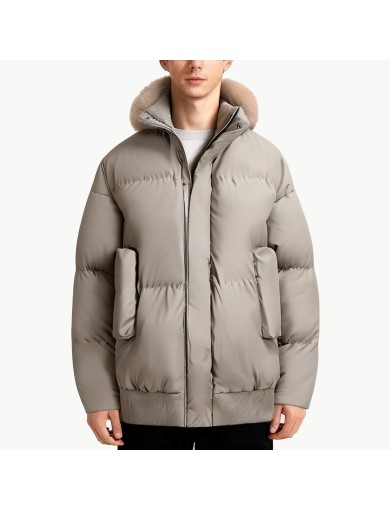 Hooded Down Jacket with Fur Collar