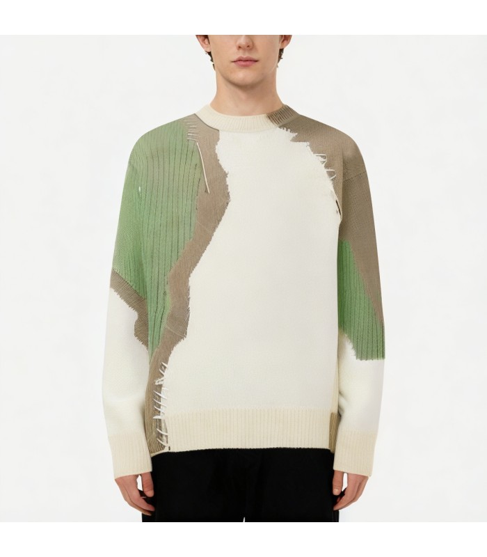 Loose fitting Color blocked Cotton Blend Sweater