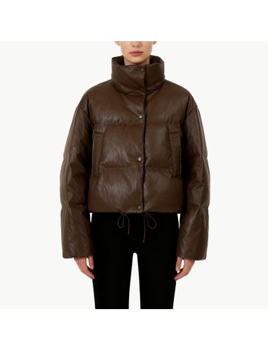 Stand up Collar PU Leather Down Jacket