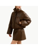 Stand up Collar PU Leather Down Jacket