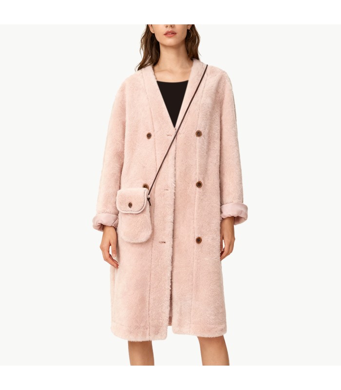 V Neck Thickened Lambswool Coat