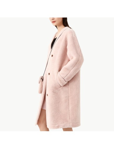 V Neck Thickened Lambswool Coat