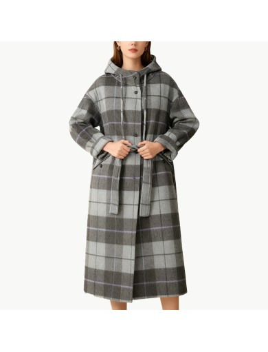 Mid length Hooded Plaid Wool Coat