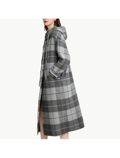 Mid length Hooded Plaid Wool Coat