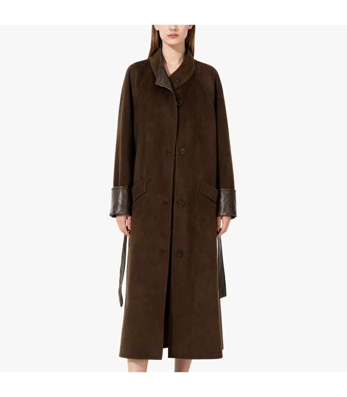 Women's Wool Coat with Leather Trim